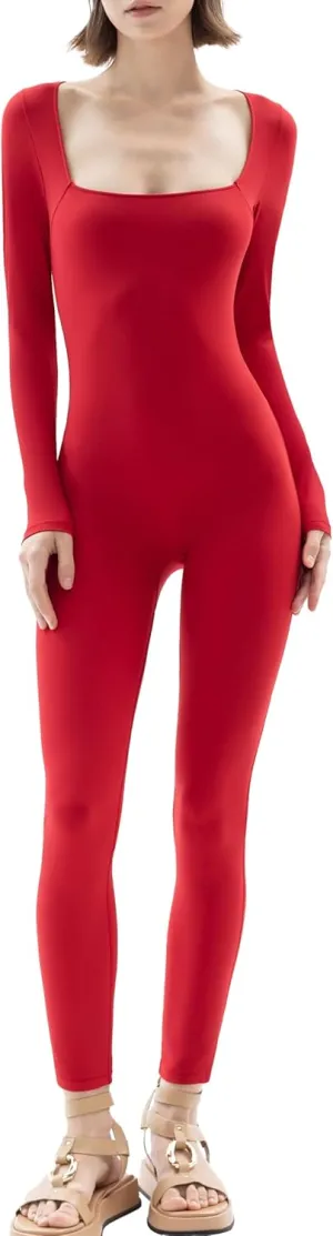 PUMIEY Jumpsuits for Women Square Neck Long Sleeve Bodycon Unitard One Piece Outfits Chill Collection