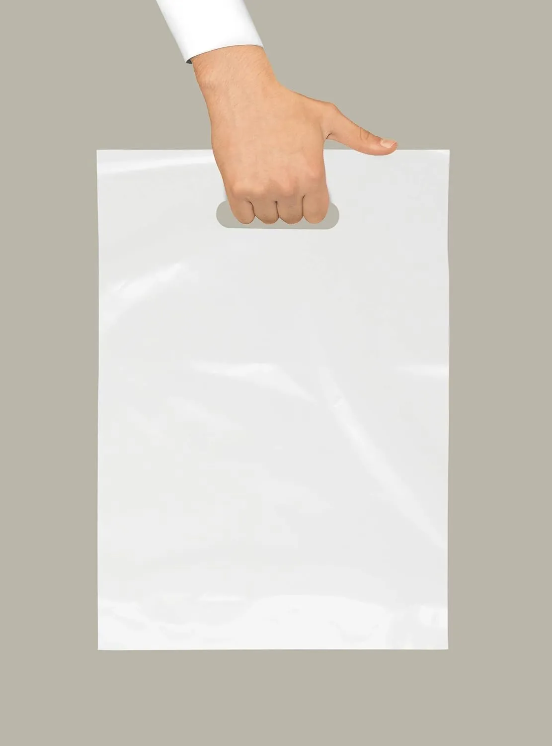 Purple Q Crafts Plastic Bag With Die Cut Handle 9" x 12" White Merchandise Bags 100 Pack for Retail, Gifts, Trade Show and More