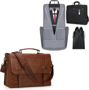 RAINSMORE Mens Messenger Bag 17 Inch Vintage Leather Laptop Briefcase and Garment Bags for Travel Carry On Garment Bag for Hanging Clothes with Shoes bag & Shoulder Strap