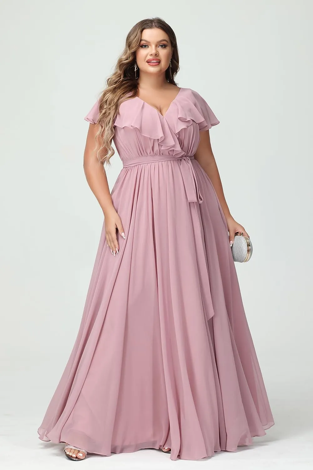 Raseal Women's Plus Size V Neck Bridesmaid Dresses with Pockets Ruffle Chiffon Slit Formal Evening Maxi Dress with Belt RS016