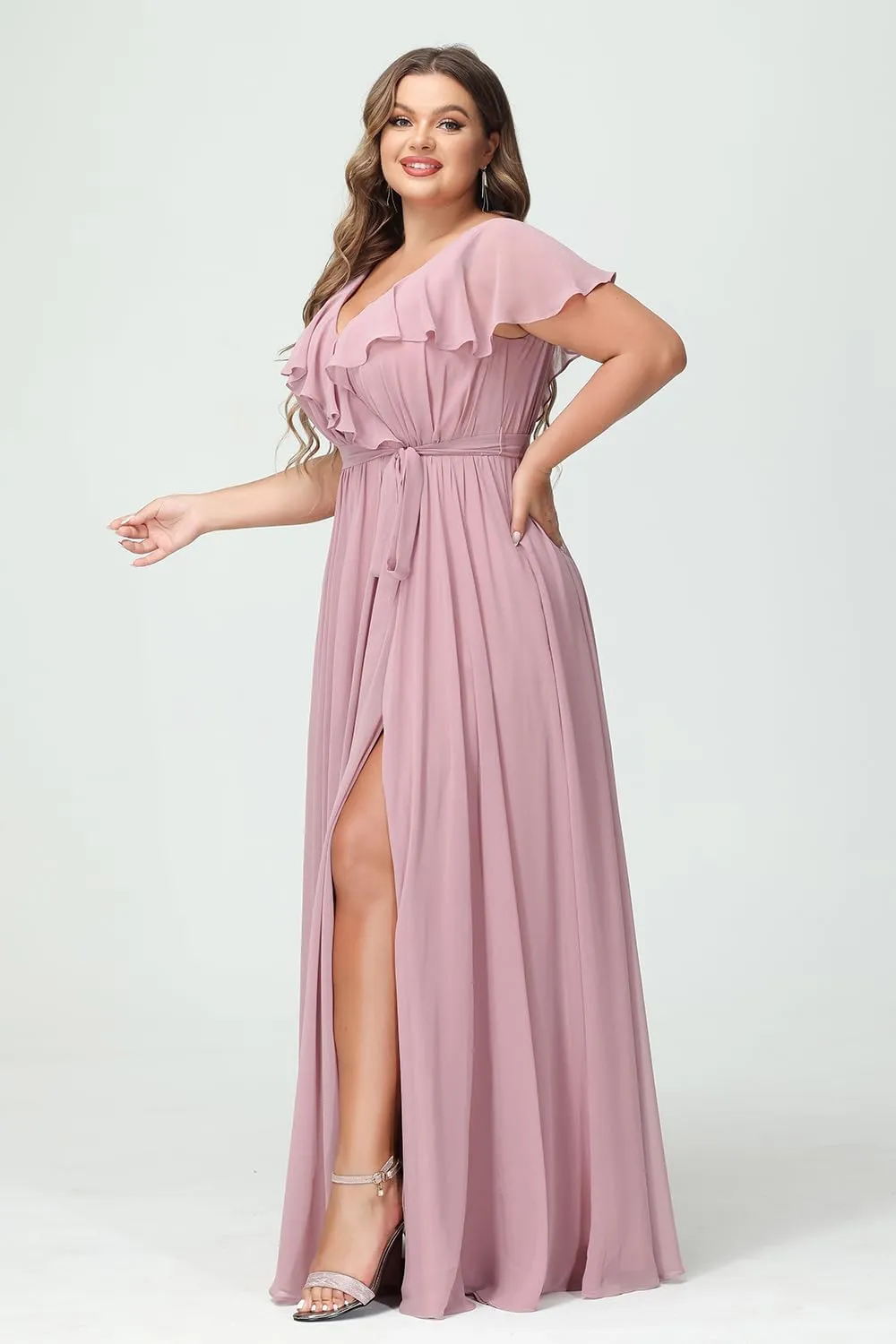 Raseal Women's Plus Size V Neck Bridesmaid Dresses with Pockets Ruffle Chiffon Slit Formal Evening Maxi Dress with Belt RS016