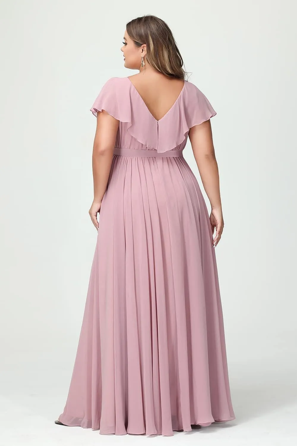 Raseal Women's Plus Size V Neck Bridesmaid Dresses with Pockets Ruffle Chiffon Slit Formal Evening Maxi Dress with Belt RS016