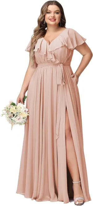 Raseal Women's Plus Size V Neck Bridesmaid Dresses with Pockets Ruffle Chiffon Slit Formal Evening Maxi Dress with Belt RS016