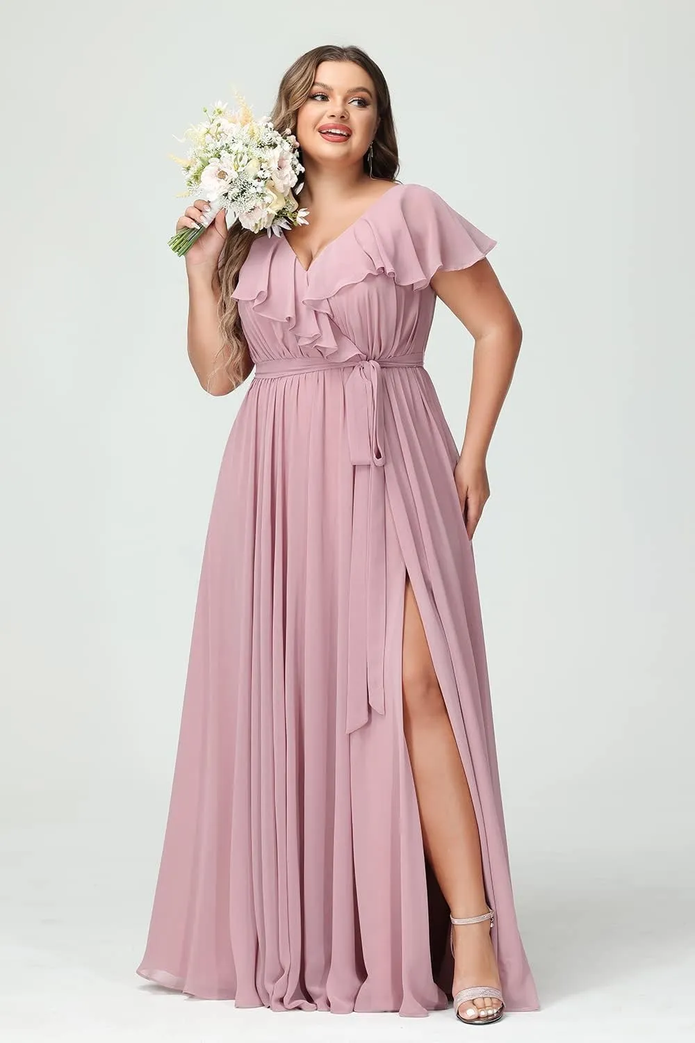 Raseal Women's Plus Size V Neck Bridesmaid Dresses with Pockets Ruffle Chiffon Slit Formal Evening Maxi Dress with Belt RS016