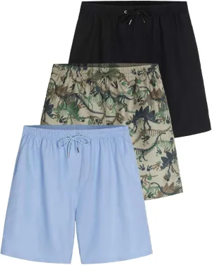 Real Essentials 3-Pack: Boy's Swim Board Shorts Trunks with Drawstring Beach UPF Swimwear Surf Swimming Short for Boys