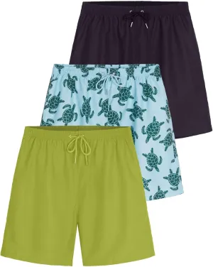 Real Essentials 3-Pack: Boy's Swim Board Shorts Trunks with Drawstring Beach UPF Swimwear Surf Swimming Short for Boys