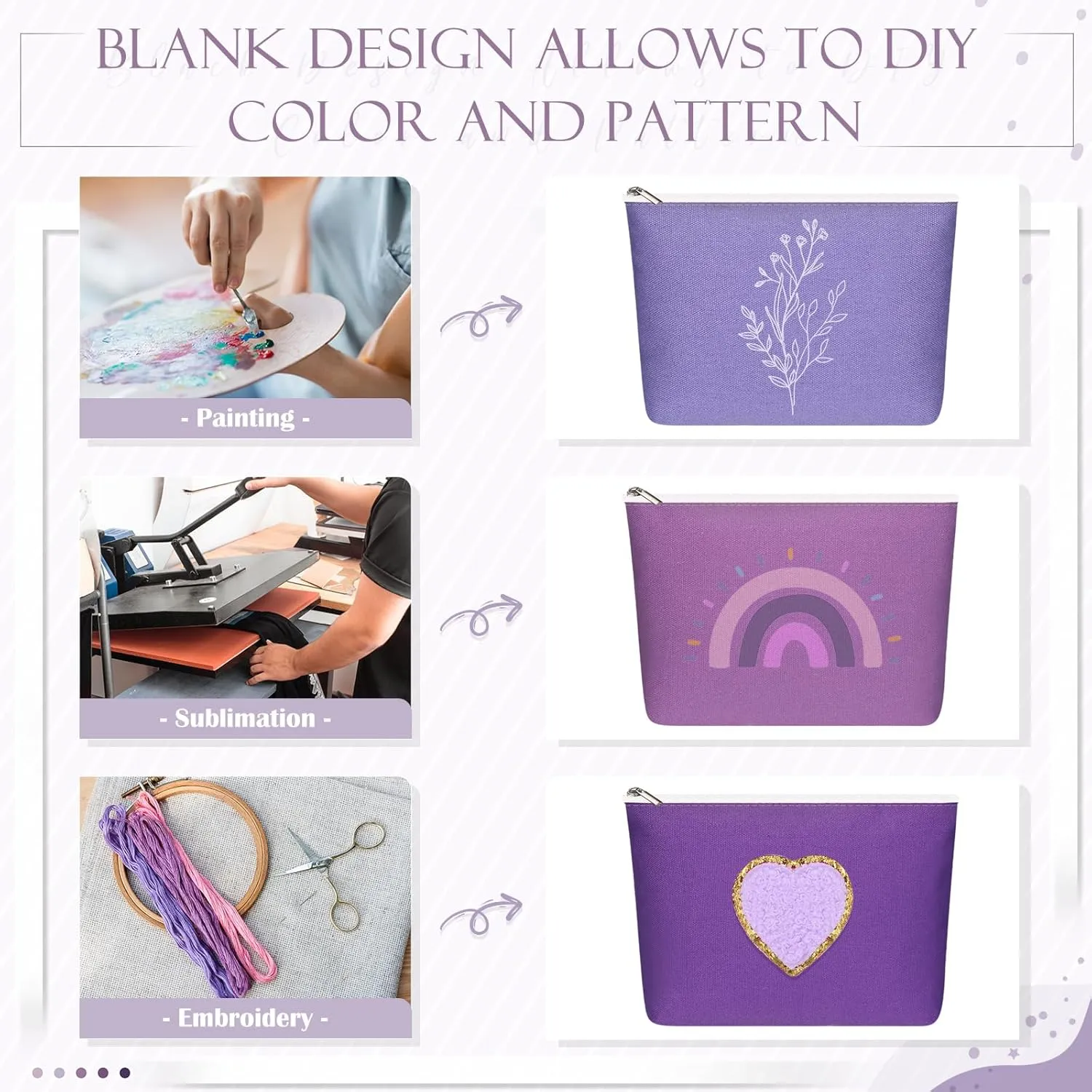 Reginary 10 Pcs Canvas Makeup Bags Bulk for Women Blank DIY Craft Pencil Pouch Multicolor Cosmetics Bag Travel Toiletry Pouch Gift for Mental Health Nurse Mother Teacher(Purple)