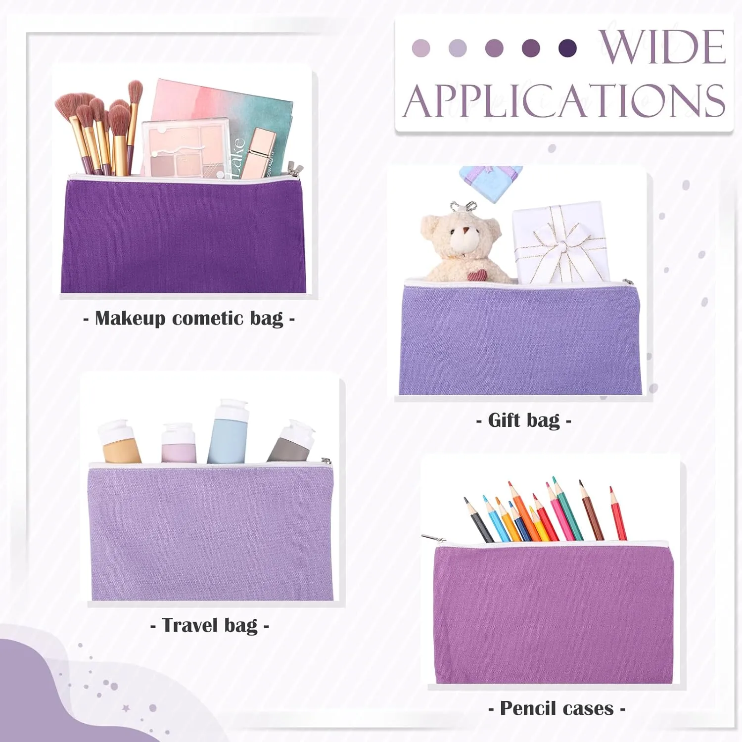 Reginary 10 Pcs Canvas Makeup Bags Bulk for Women Blank DIY Craft Pencil Pouch Multicolor Cosmetics Bag Travel Toiletry Pouch Gift for Mental Health Nurse Mother Teacher(Purple)