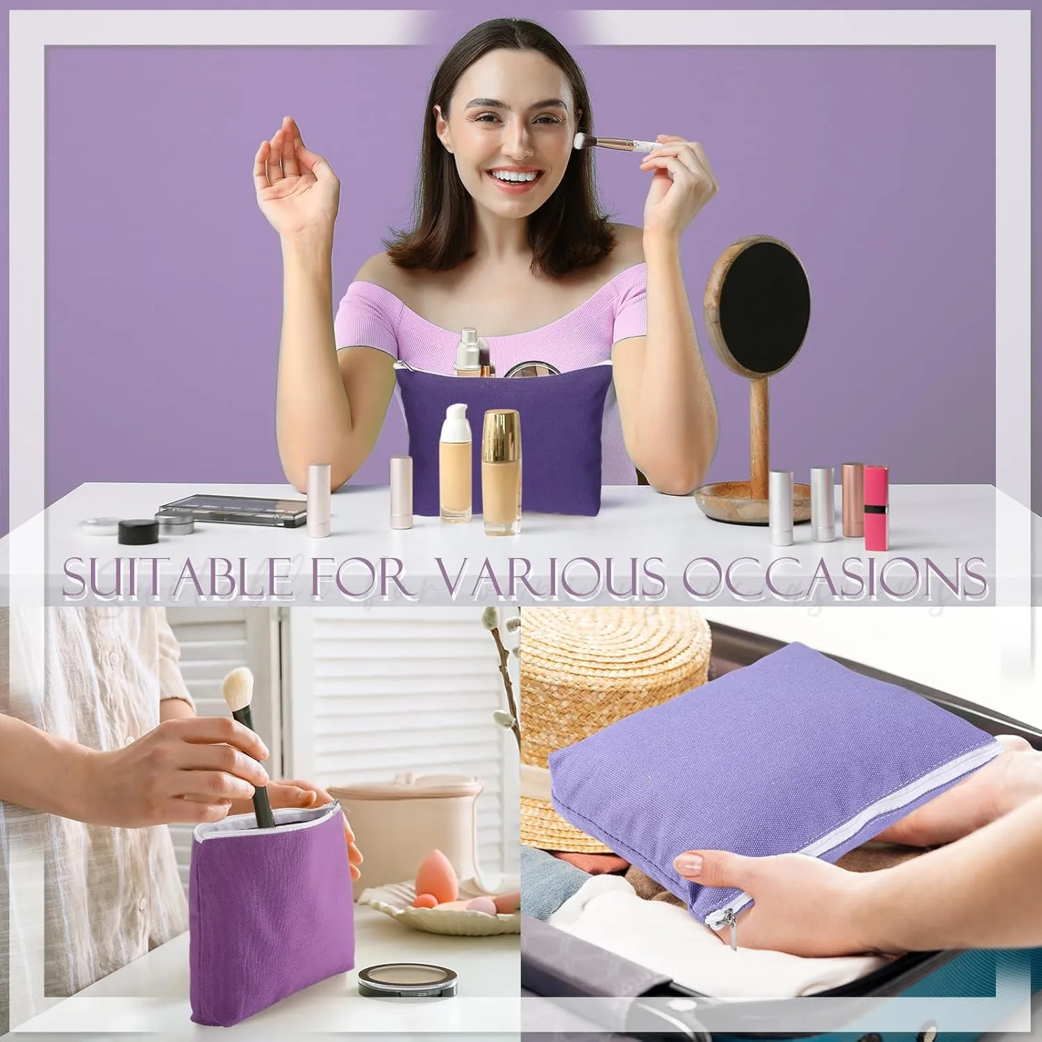 Reginary 10 Pcs Canvas Makeup Bags Bulk for Women Blank DIY Craft Pencil Pouch Multicolor Cosmetics Bag Travel Toiletry Pouch Gift for Mental Health Nurse Mother Teacher(Purple)