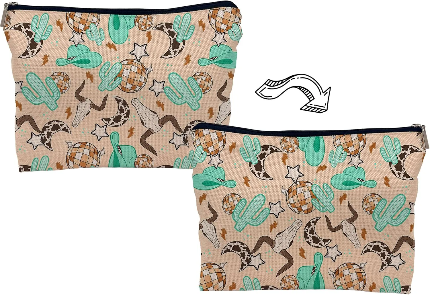 Retro Western Country Turquoise Cowboy Cowgirl Makeup Bag Bull Skull Cactus Disco Ball Makeupbags Cosmetic Bag Zipper Pouch Toiletry Bags,Gifts for Teen Girls Women Western Cowgirl