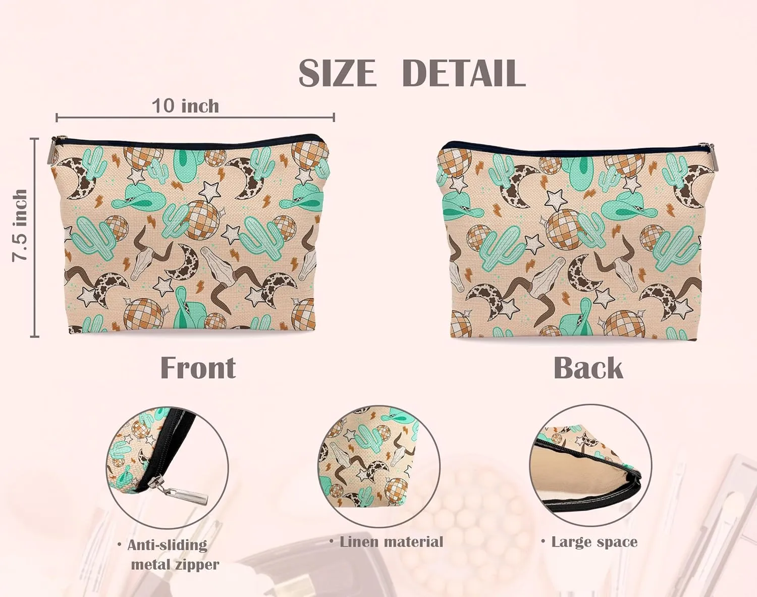 Retro Western Country Turquoise Cowboy Cowgirl Makeup Bag Bull Skull Cactus Disco Ball Makeupbags Cosmetic Bag Zipper Pouch Toiletry Bags,Gifts for Teen Girls Women Western Cowgirl