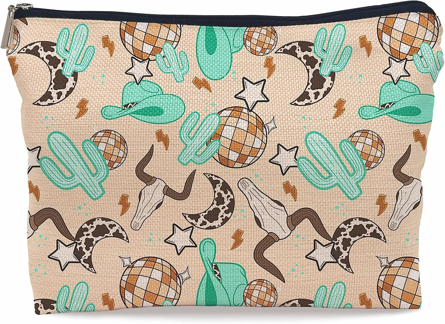 Retro Western Country Turquoise Cowboy Cowgirl Makeup Bag Bull Skull Cactus Disco Ball Makeupbags Cosmetic Bag Zipper Pouch Toiletry Bags,Gifts for Teen Girls Women Western Cowgirl