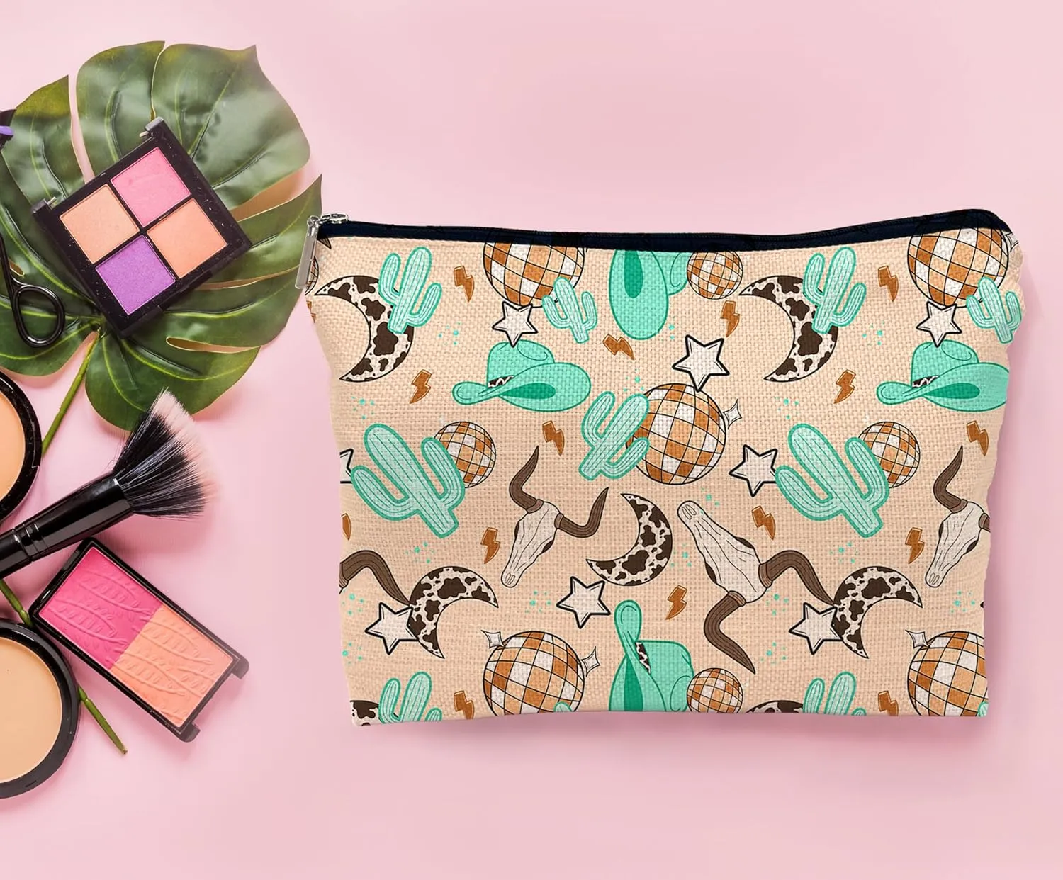 Retro Western Country Turquoise Cowboy Cowgirl Makeup Bag Bull Skull Cactus Disco Ball Makeupbags Cosmetic Bag Zipper Pouch Toiletry Bags,Gifts for Teen Girls Women Western Cowgirl