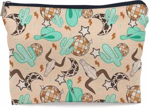 Retro Western Country Turquoise Cowboy Cowgirl Makeup Bag Bull Skull Cactus Disco Ball Makeupbags Cosmetic Bag Zipper Pouch Toiletry Bags,Gifts for Teen Girls Women Western Cowgirl