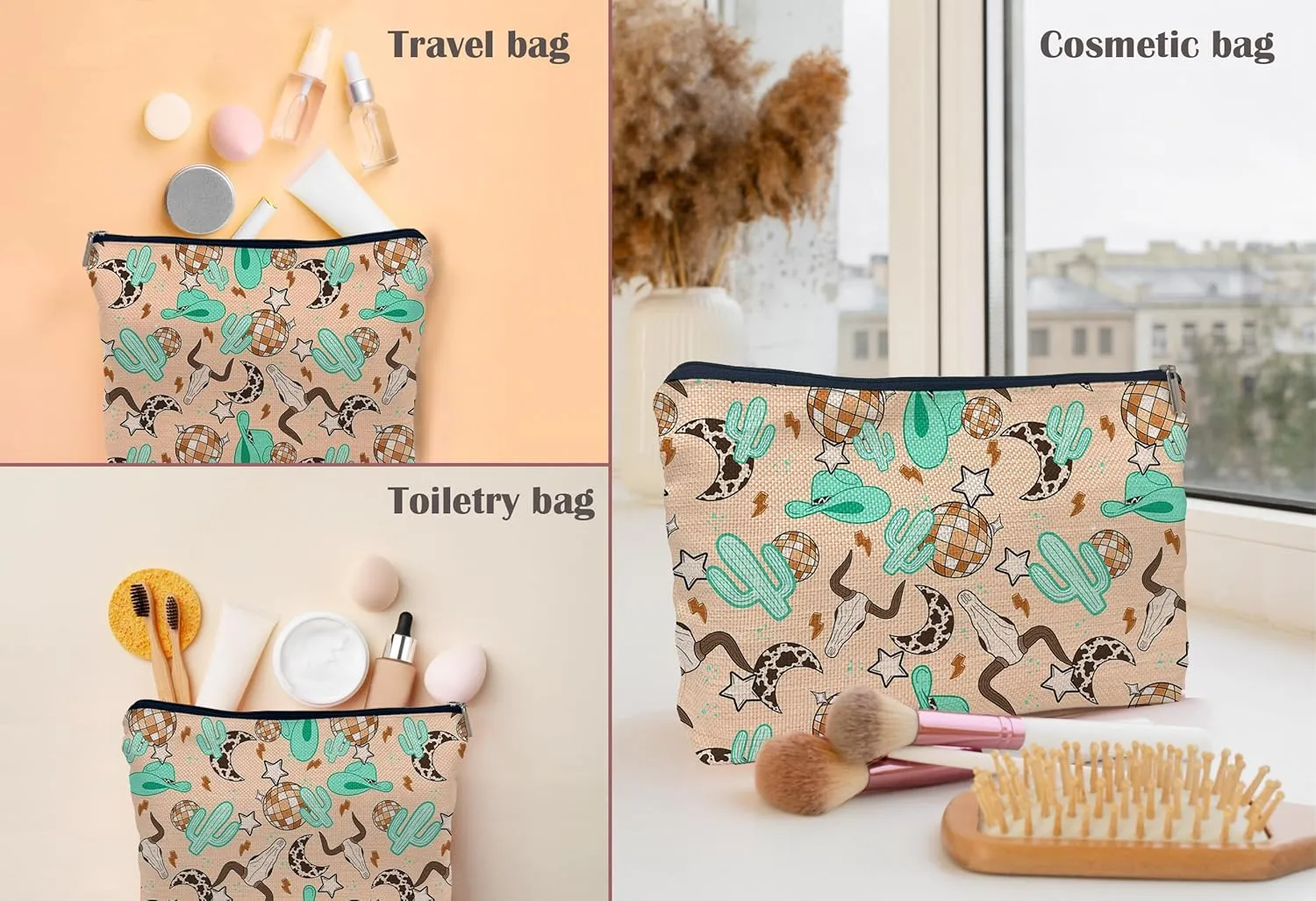 Retro Western Country Turquoise Cowboy Cowgirl Makeup Bag Bull Skull Cactus Disco Ball Makeupbags Cosmetic Bag Zipper Pouch Toiletry Bags,Gifts for Teen Girls Women Western Cowgirl