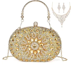 Rhinestone Clutch Purses for Women Evening, Crystal Diamond Glitter Sparkly Handbag with Gold Weddings Accessories Necklace