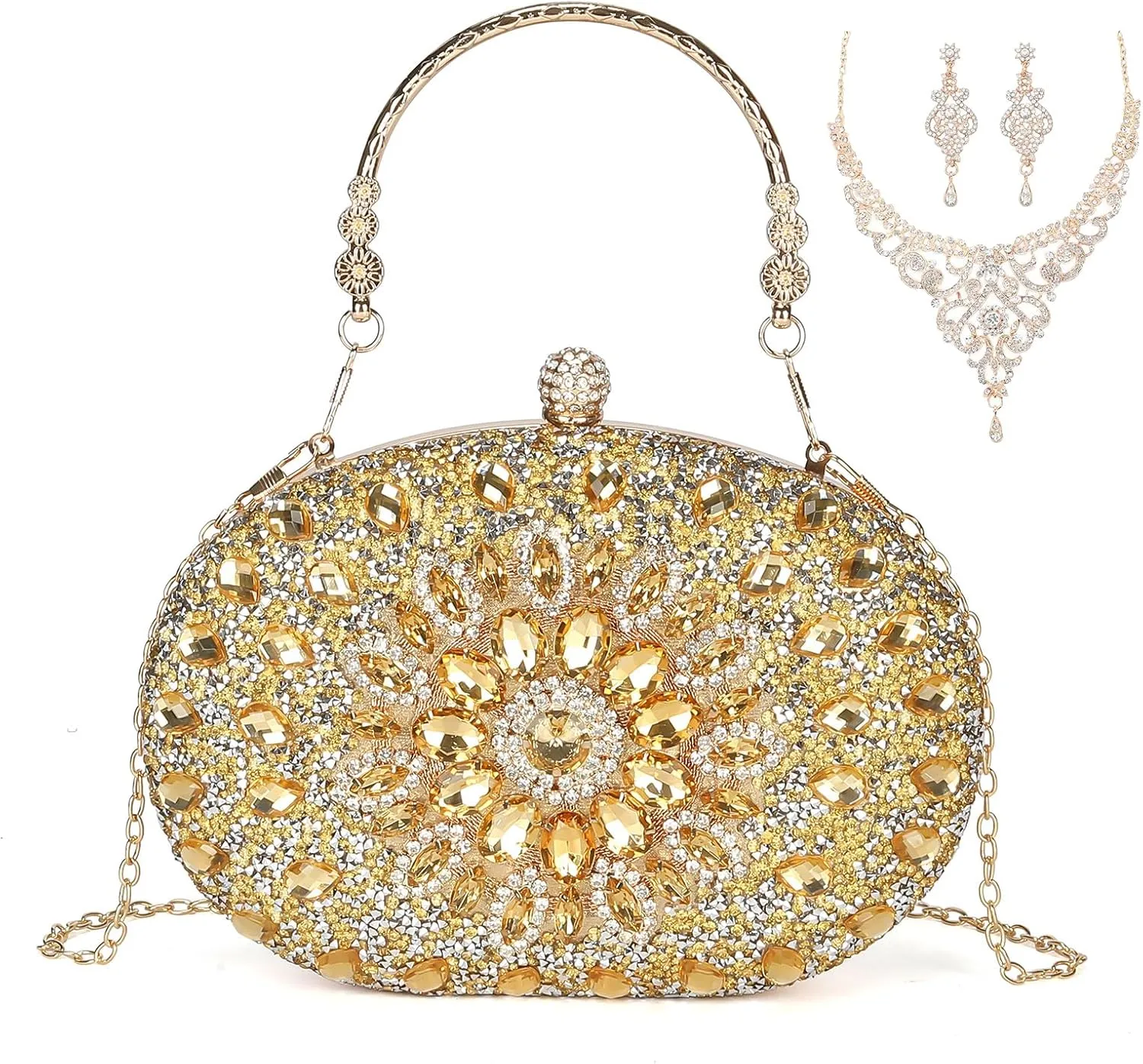Rhinestone Clutch Purses for Women Evening, Crystal Diamond Glitter Sparkly Handbag with Gold Weddings Accessories Necklace
