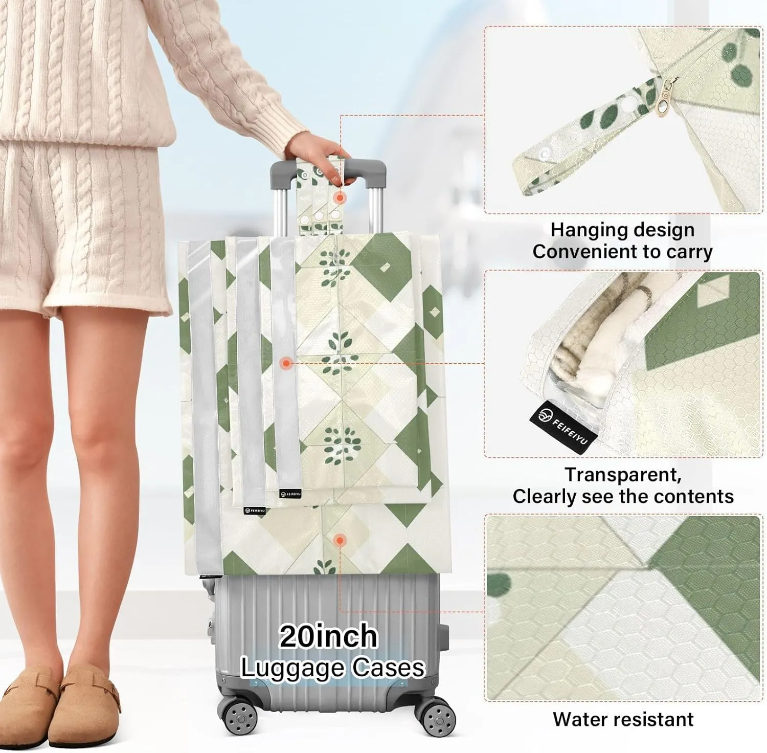 Rhomboid White White Eucalyptus 3 Set Travel Packing Cubes For Suitcases, Foldable, Garment Bag Closet Storage, Luggage Space Saver, Organizadores De Maletas Para