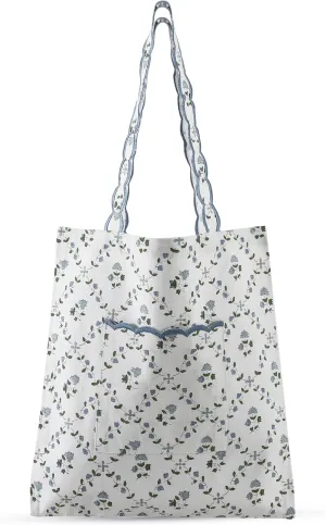 Ridhi Powder Blue Floral Hand Block Print Canvas Grocery Bags Bulk 15X16 inch Reusable Shopping Bags Foldable for Groceries Vegetables Fruits Watertight Bulk Tote Bags Washable For Women Men
