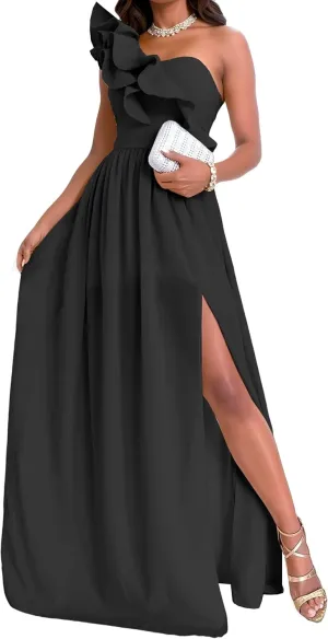 Ruffles One Shoulder Bridesmaid Dresses with Slit Flowy Chiffon A-Line Ball Gowns Sleeveless Prom Wedding Guest Dress DR0541