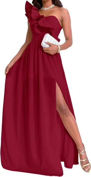 Ruffles One Shoulder Bridesmaid Dresses with Slit Flowy Chiffon A-Line Ball Gowns Sleeveless Prom Wedding Guest Dress DR0541