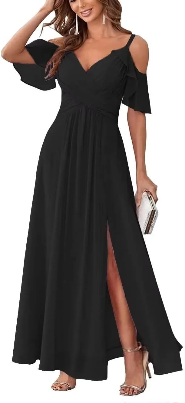 Ruffles Sleeve Bridesmaid Dresses for Wedding Cold Shoulder Split Formal Dresses for Women