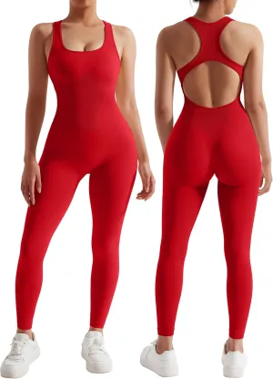 RXRXCOCO Women Backless One Piece Jumpsuits Sleeveless Scoop Neck Bodycon Romper Seamless Workout Yoga Jumpsuits