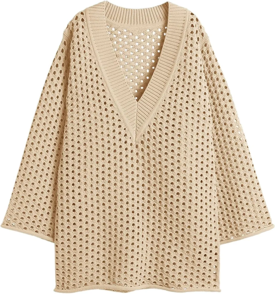 Saodimallsu Women Crochet Cover Up Long Sleeve Deep V Neck Hollow Out Sweater Oversized Beach Mini Dress Bathing Suit Coverup