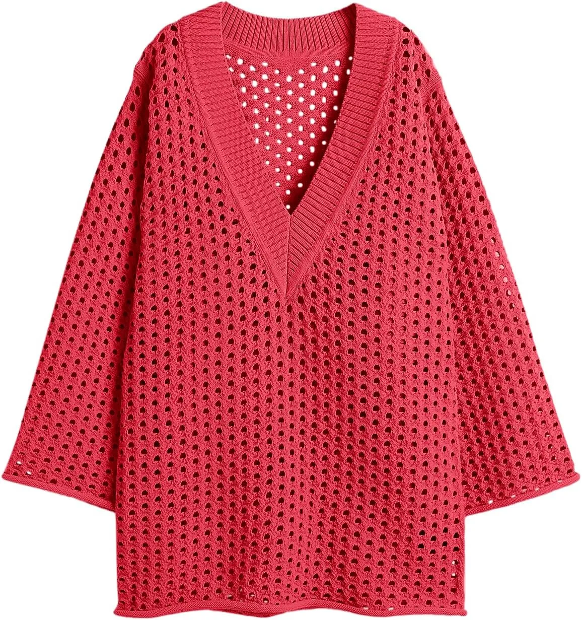 Saodimallsu Women Crochet Cover Up Long Sleeve Deep V Neck Hollow Out Sweater Oversized Beach Mini Dress Bathing Suit Coverup