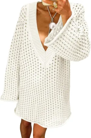Saodimallsu Women Crochet Cover Up Long Sleeve Deep V Neck Hollow Out Sweater Oversized Beach Mini Dress Bathing Suit Coverup