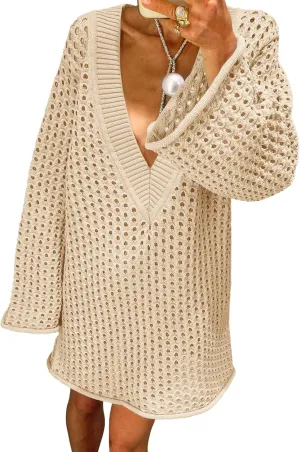 Saodimallsu Women Crochet Cover Up Long Sleeve Deep V Neck Hollow Out Sweater Oversized Beach Mini Dress Bathing Suit Coverup