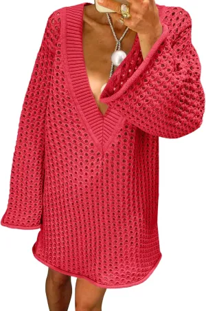 Saodimallsu Women Crochet Cover Up Long Sleeve Deep V Neck Hollow Out Sweater Oversized Beach Mini Dress Bathing Suit Coverup