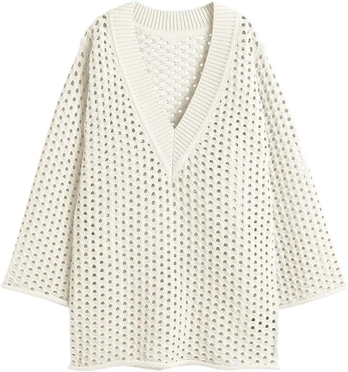 Saodimallsu Women Crochet Cover Up Long Sleeve Deep V Neck Hollow Out Sweater Oversized Beach Mini Dress Bathing Suit Coverup