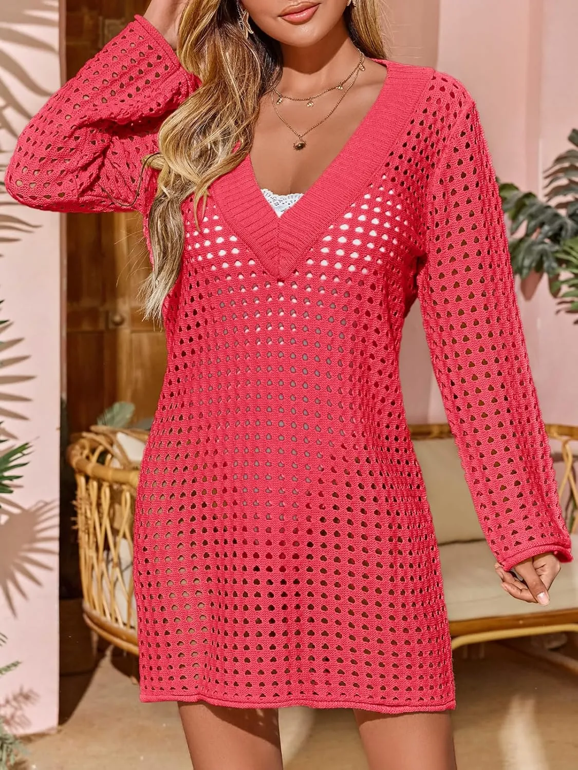Saodimallsu Women Crochet Cover Up Long Sleeve Deep V Neck Hollow Out Sweater Oversized Beach Mini Dress Bathing Suit Coverup