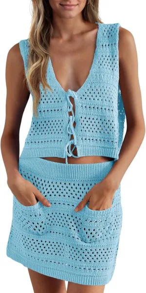 Saodimallsu Womens Crochet Swim Cover Up 2 Piece V Neck Sleeveless Front Tie Crop Tops Beach Mini Skirt Coverup Set
