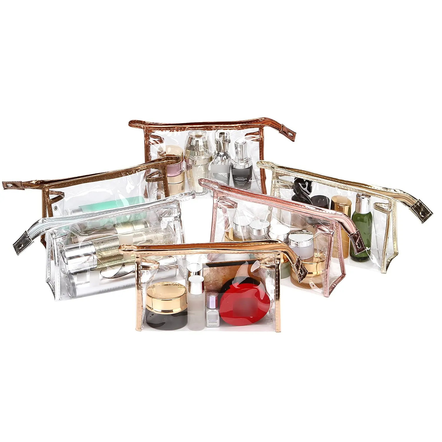 Sea Team 6-Pack Transparent Waterproof Cosmetic Bags with Zipper, Clear Vinyl Plastic Makeup Bags, Portable Travel Toiletry Pouch, Organizer, Pencil Case (Metallic, Small/8.9")