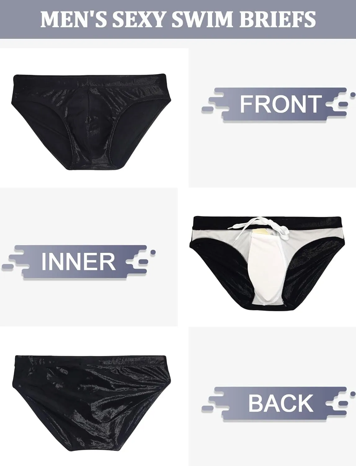 SEAUR Men's Shiny Metallic Low Rise Swim Briefs Sexy Bikini Swimsuit Quick Dry Drawstring Swimwear Contour Pouch Bathing Suit