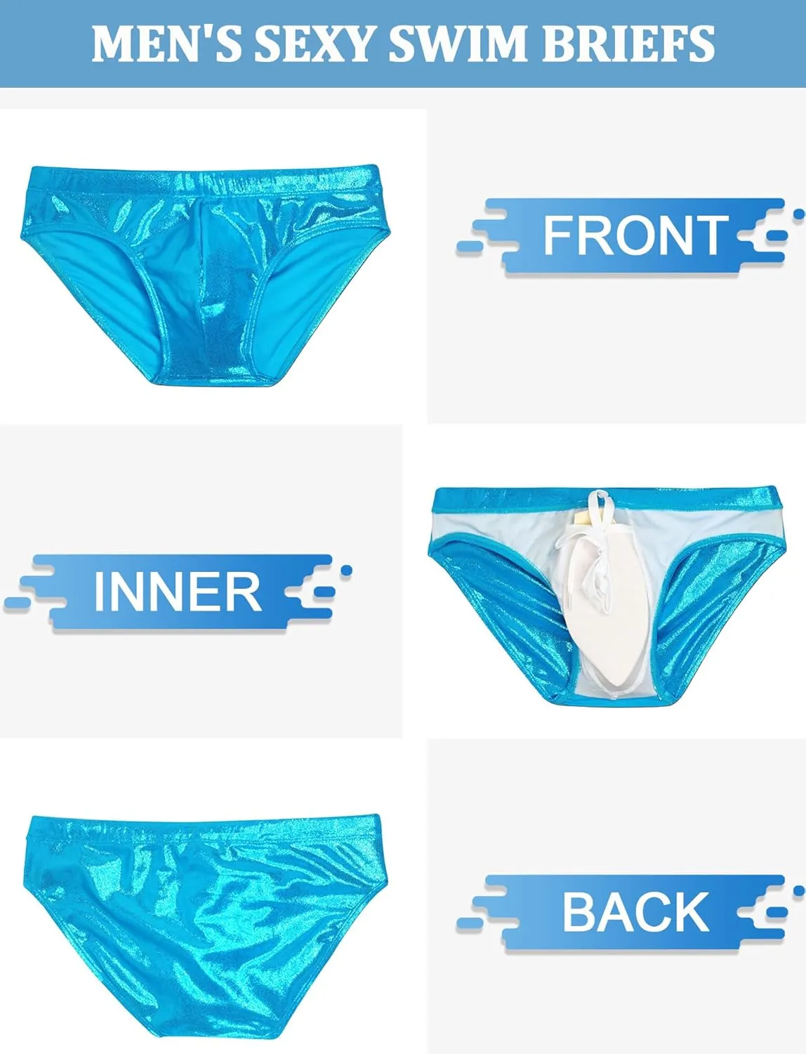 SEAUR Men's Shiny Metallic Low Rise Swim Briefs Sexy Bikini Swimsuit Quick Dry Drawstring Swimwear Contour Pouch Bathing Suit