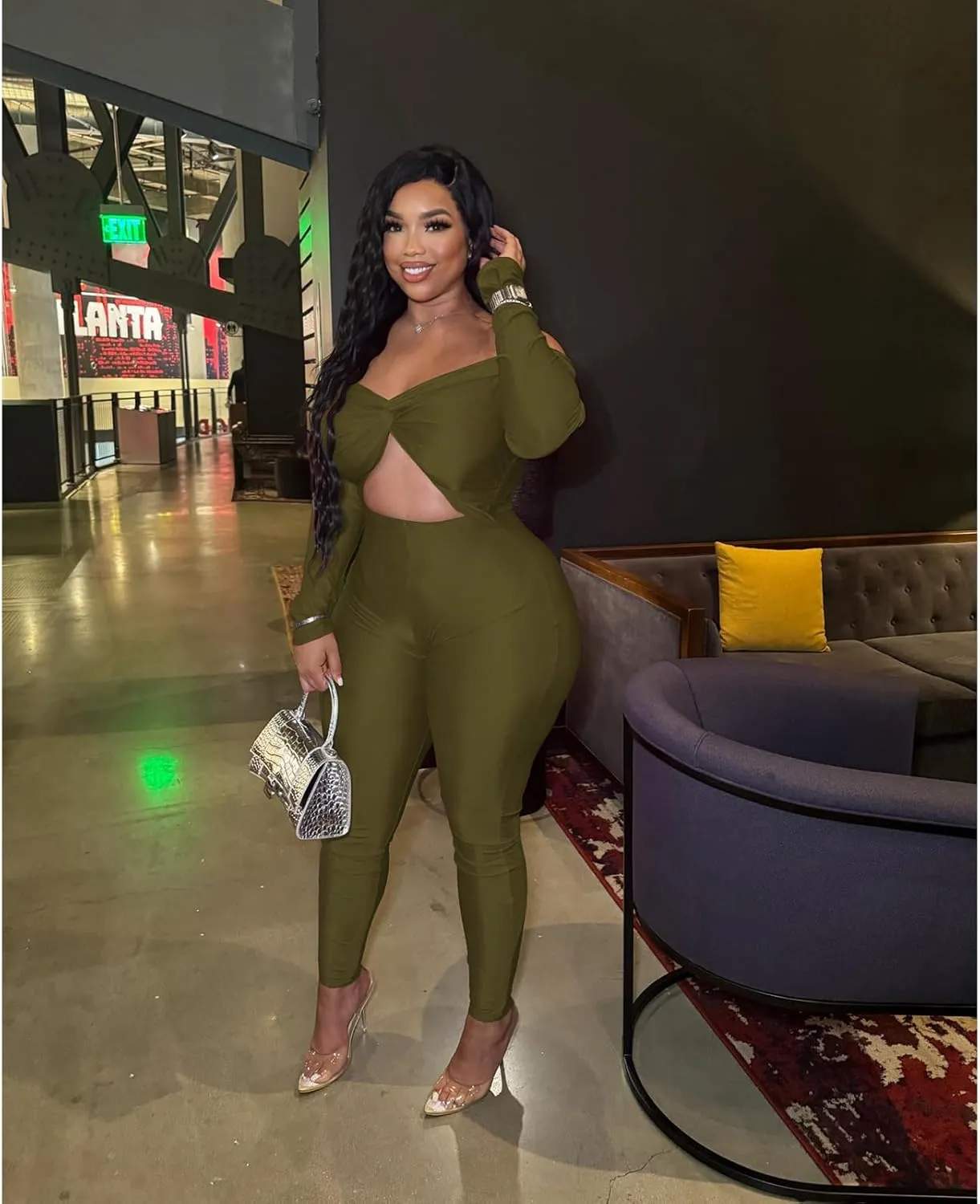 Sexy Long Sleeve Jumpsuit for Women, Twsit Knot Cut Out Bodycon Night Club Off the Shoulder Outfits