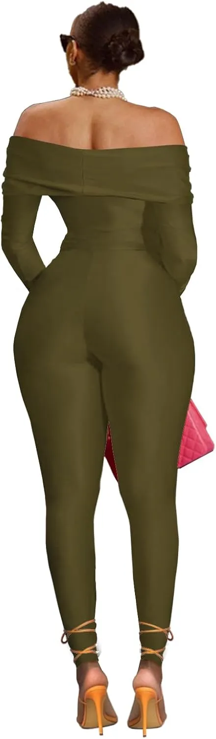 Sexy Long Sleeve Jumpsuit for Women, Twsit Knot Cut Out Bodycon Night Club Off the Shoulder Outfits
