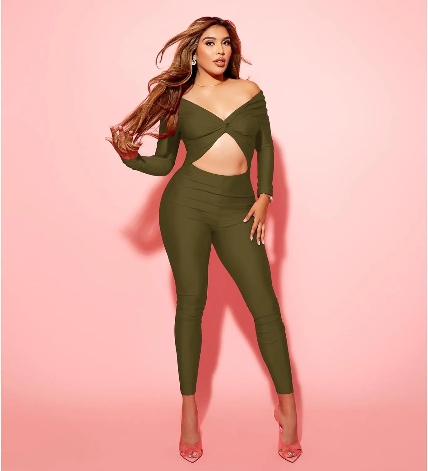Sexy Long Sleeve Jumpsuit for Women, Twsit Knot Cut Out Bodycon Night Club Off the Shoulder Outfits
