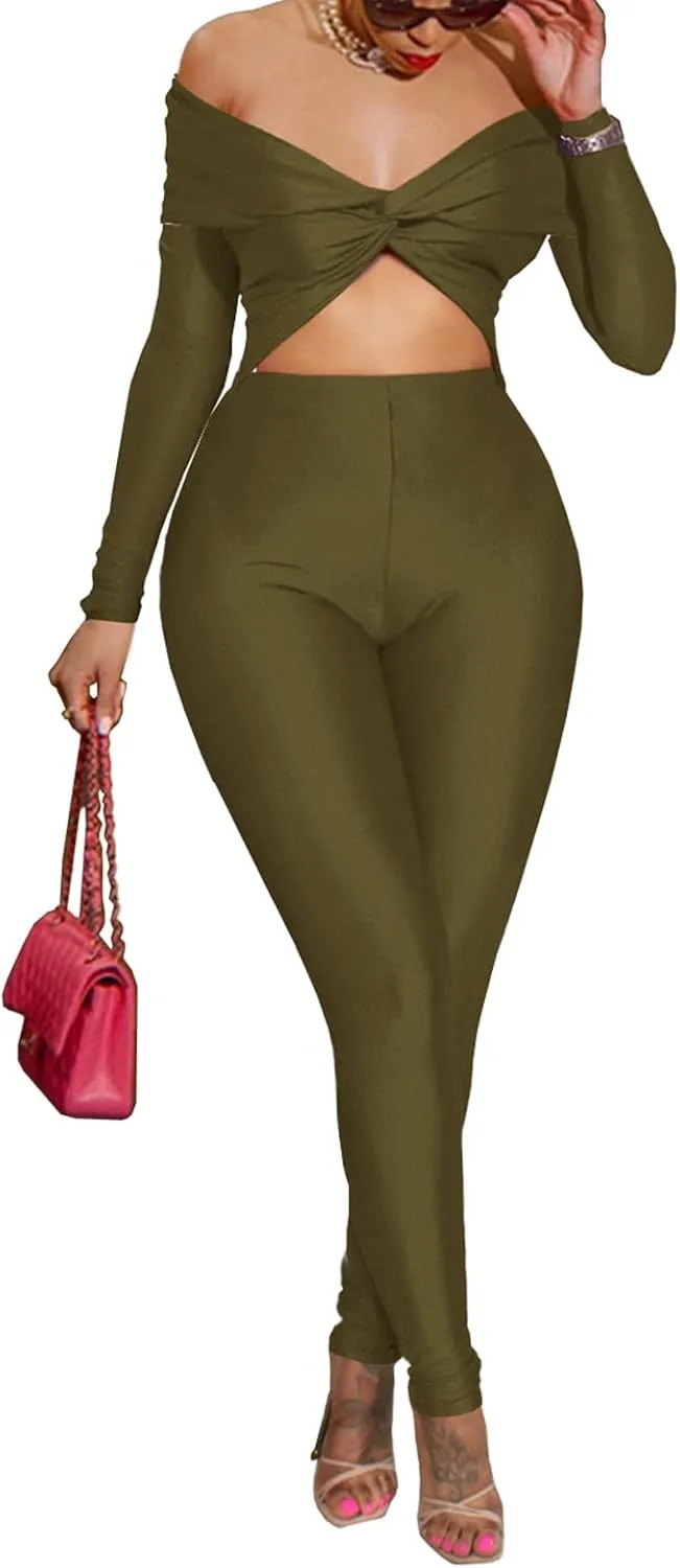 Sexy Long Sleeve Jumpsuit for Women, Twsit Knot Cut Out Bodycon Night Club Off the Shoulder Outfits