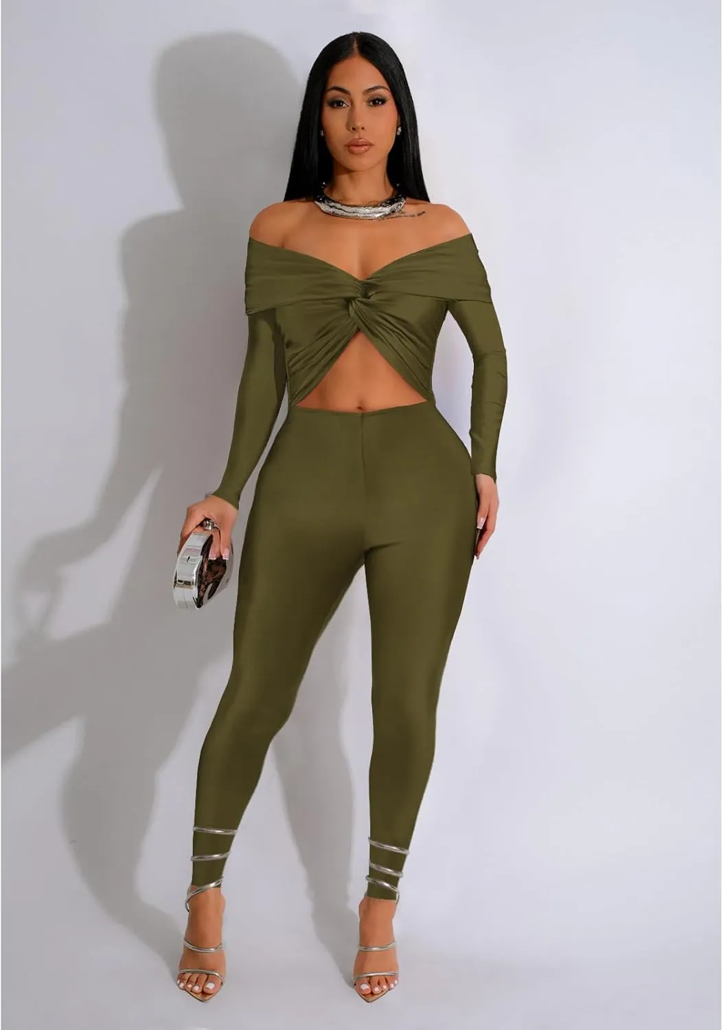 Sexy Long Sleeve Jumpsuit for Women, Twsit Knot Cut Out Bodycon Night Club Off the Shoulder Outfits