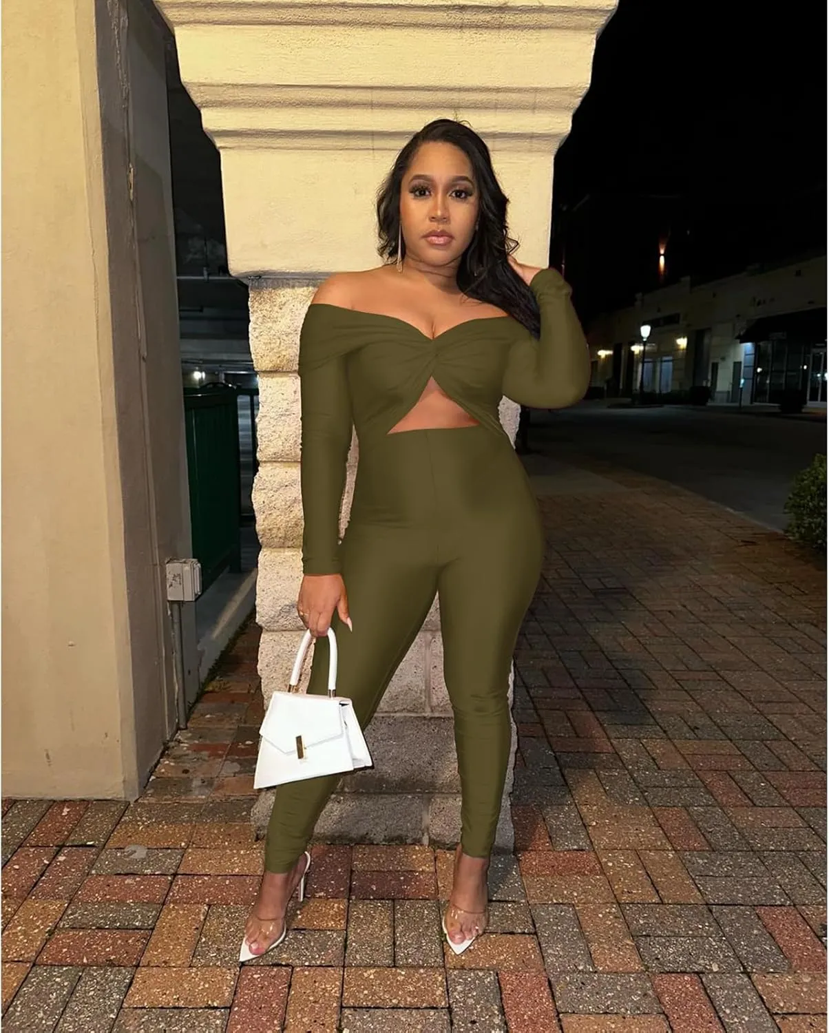 Sexy Long Sleeve Jumpsuit for Women, Twsit Knot Cut Out Bodycon Night Club Off the Shoulder Outfits