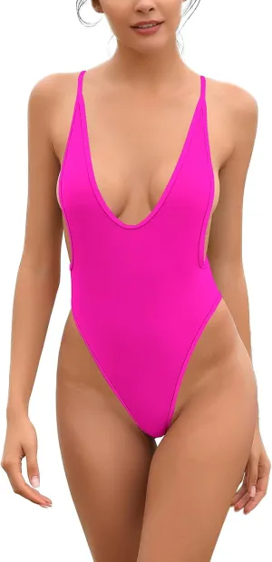 SHEKINI Women's High Cut One Piece Bathing Suit Backless Thong Brazilian Swimsuit
