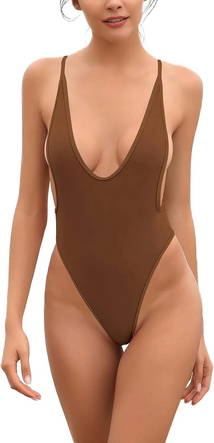 SHEKINI Women's High Cut One Piece Bathing Suit Backless Thong Brazilian Swimsuit