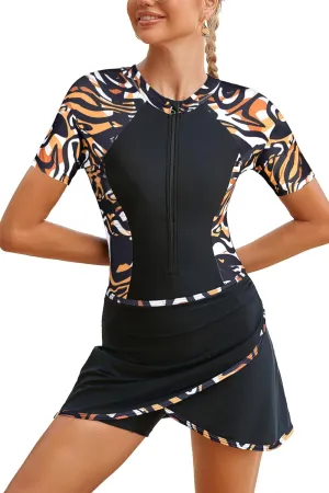 SHEKINI Women's Two Piece Athletic Short Sleeves Surfing Zipper Boyleg One Piece Rash Guard Swimsuits   Swim Skirted