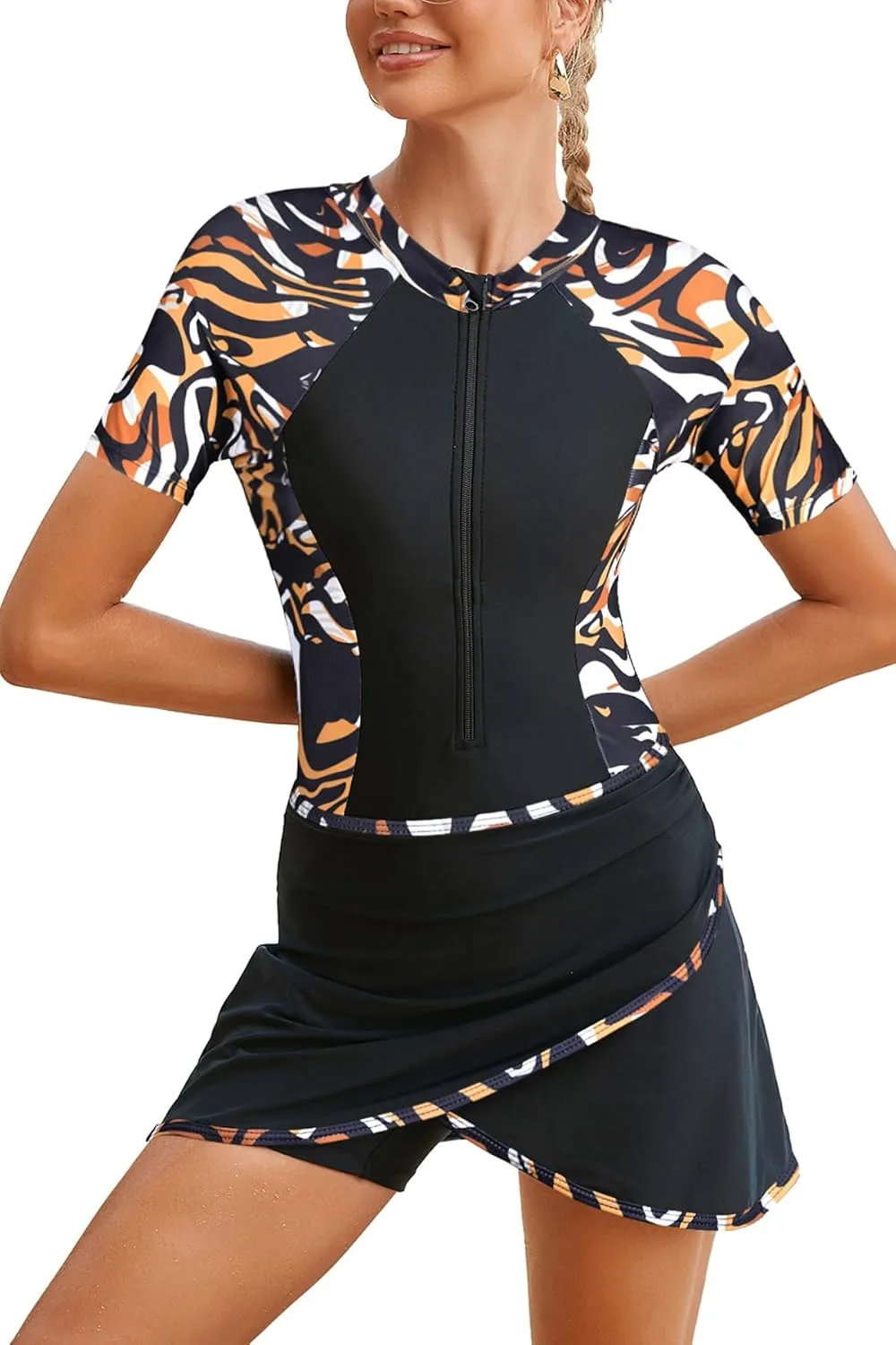 SHEKINI Women's Two Piece Athletic Short Sleeves Surfing Zipper Boyleg One Piece Rash Guard Swimsuits   Swim Skirted