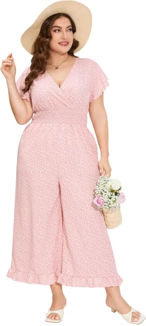 ShopWonder Plus Size Loose Jumpsuits for Women Summer Short Sleeve One Piece Outfit Elastic Waist Wide Leg Floral Jumpsuits
