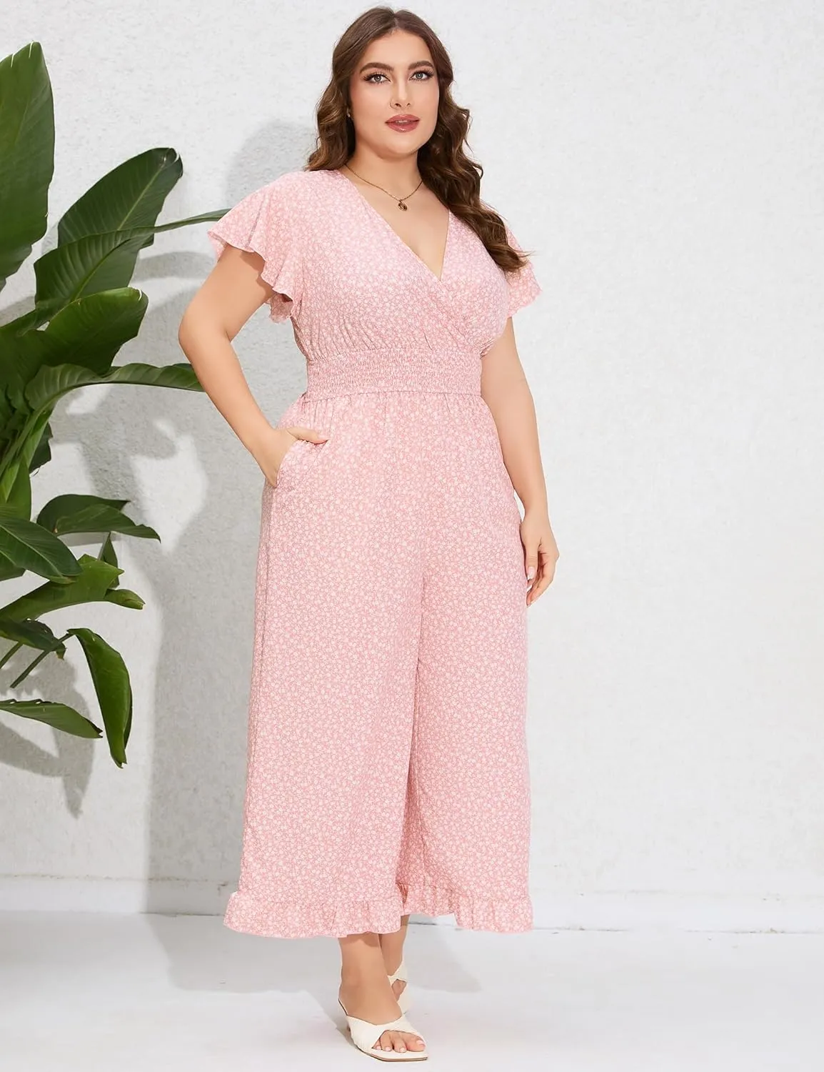 ShopWonder Plus Size Loose Jumpsuits for Women Summer Short Sleeve One Piece Outfit Elastic Waist Wide Leg Floral Jumpsuits
